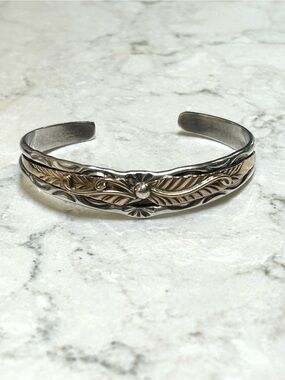 Vintage Navajo Sterling Silver With Gold Leaf Cuff Bracelet by Herb Tsosie, 17g.
